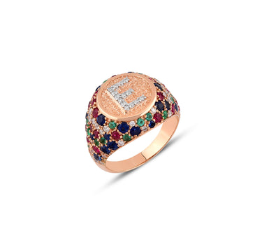 E Letter Gold Ring with Diamond, Sapphire, Ruby and Emerald Stones - Sacred Collection