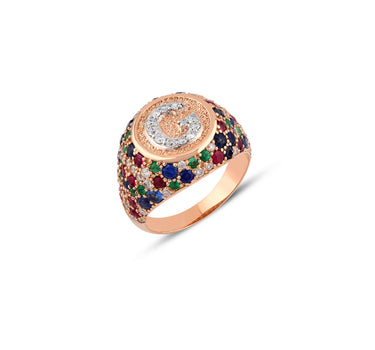 G Letter Gold Ring with Diamond, Sapphire, Ruby and Emerald Stones - Sacred Collection