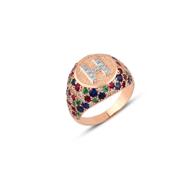 H Letter Gold Ring with Diamond, Sapphire, Ruby and Emerald Stones - Sacred Collection