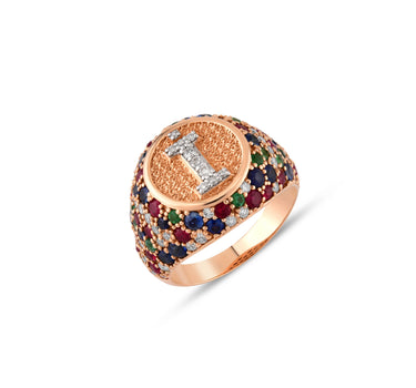 I Letter Gold Ring with Diamond, Sapphire, Ruby and Emerald Stones - Sacred Collection