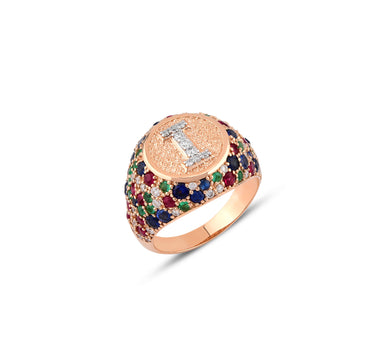 I Letter Gold Ring with Diamond, Sapphire, Ruby and Emerald Stones - Sacred Collection