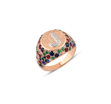 J Letter Gold Ring with Diamond, Sapphire, Ruby and Emerald Stones - Sacred Collection