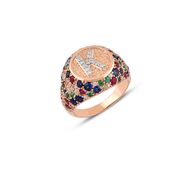 K Letter Gold Ring with Diamond, Sapphire, Ruby and Emerald Stones - Sacred Collection