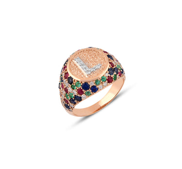 L Letter Gold Ring with Diamond, Sapphire, Ruby and Emerald Stones - Sacred Collection