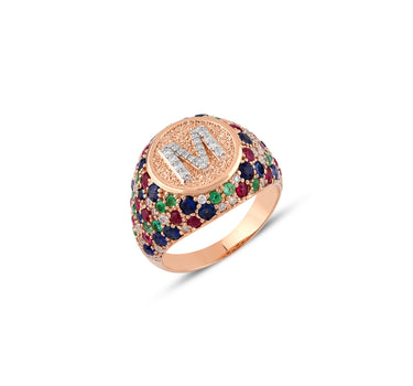 M Letter Gold Ring with Diamond, Sapphire, Ruby and Emerald Stones - Sacred Collection