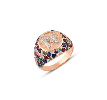 N Letter Gold Ring with Diamond, Sapphire, Ruby and Emerald Stones - Sacred Collection