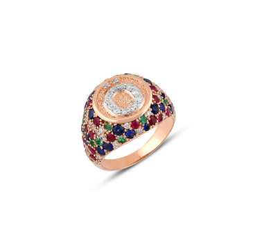Letter O Gold Ring with Diamond, Sapphire, Ruby and Emerald Stones - Sacred Collection