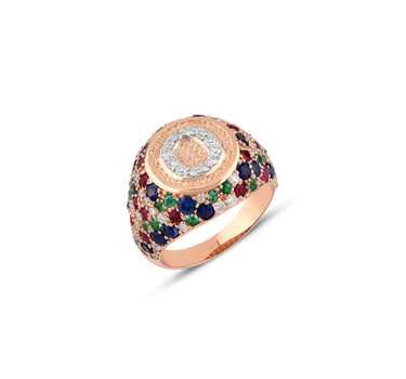 Diamond, Sapphire, Ruby and Emerald O Letter Gold Ring - Sacred Collection