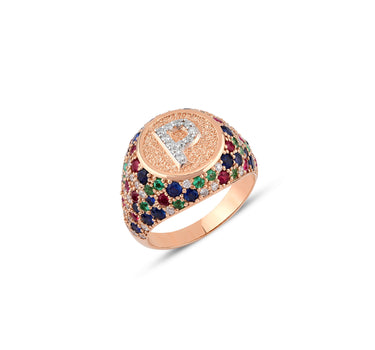 P Letter Gold Ring with Diamond, Sapphire, Ruby and Emerald Stones - Sacred Collection