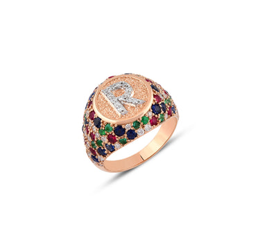 R Letter Gold Ring with Diamond, Sapphire, Ruby and Emerald Stones - Sacred Collection