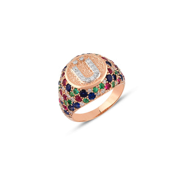 U Letter Gold Ring with Diamond, Sapphire, Ruby and Emerald Stones - Sacred Collection
