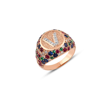 V Letter Gold Ring with Diamond, Sapphire, Ruby and Emerald Stones - Sacred Collection
