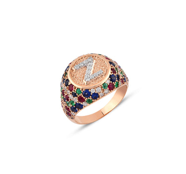 Z Letter Gold Ring with Diamond, Sapphire, Ruby and Emerald Stones - Sacred Collection