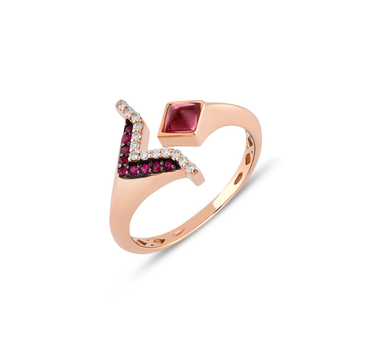 Gold Ring with Diamond and Pink Sapphire Stone - Tetris