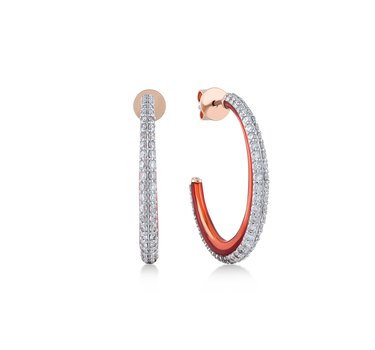 Gold Hoop Earrings with Diamond Stones and Orange Enamel - The Shine