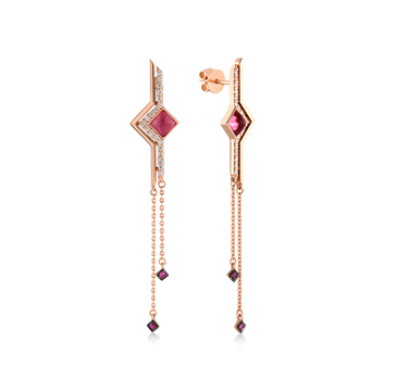 Gold Dangle Earrings with Diamonds and Pink Sapphires - Poise