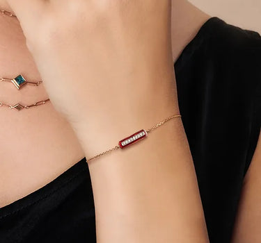 Bordo Renk,Pırlanta Taşlı Altın Bilezik - Stamp