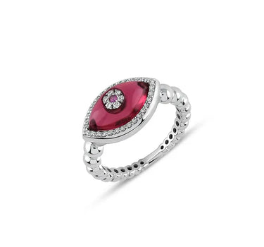 Pink Evil Eye Beaded Gold Ring with Diamond and Pink Sapphire Stone - Divine Eye