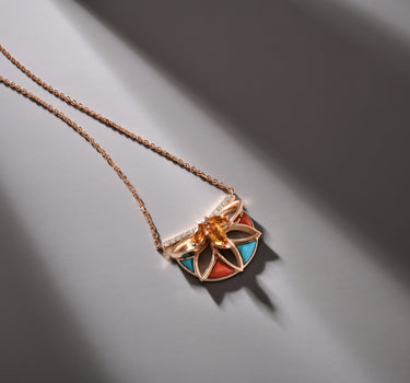 Gold Necklace with Coral, Turquoise, Diamond and Citrine Stones - Blooming Lotus